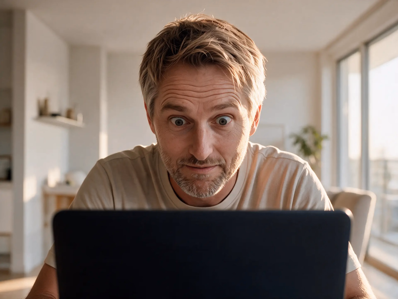 Alexander Brink schaut fassungslos über den Laptop hinweg