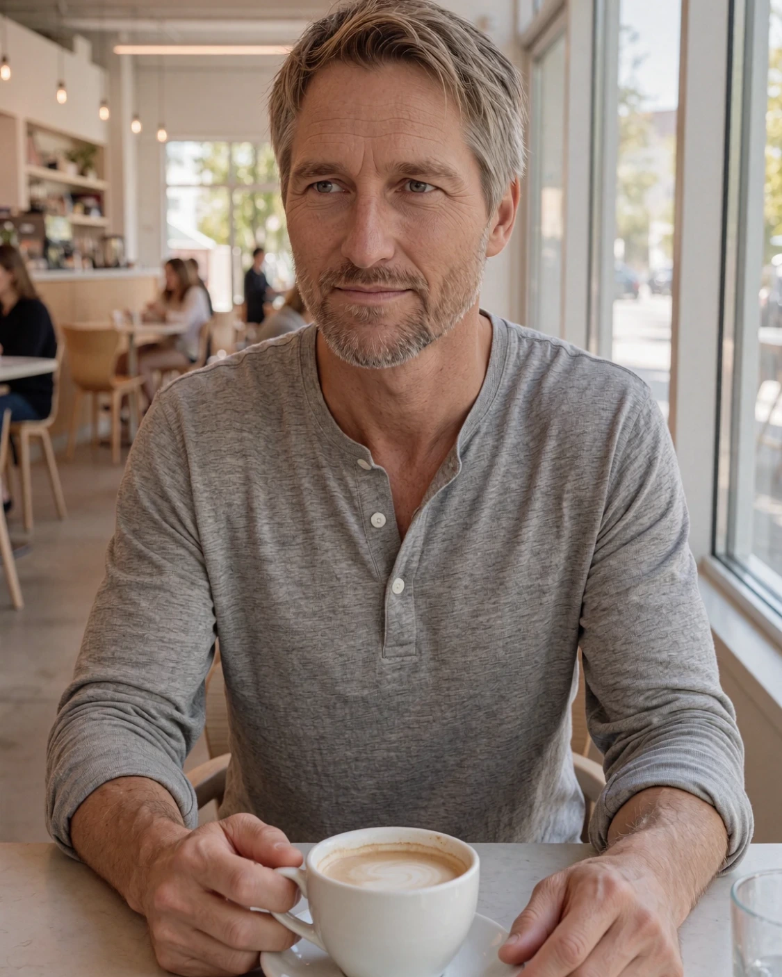 Mann mit grauem Henley-Shirt sitzt an einem Tisch und hält eine Kaffeetasse in den Händen. Im Hintergrund ein helles Café mit Besuchern und großen Fenstern