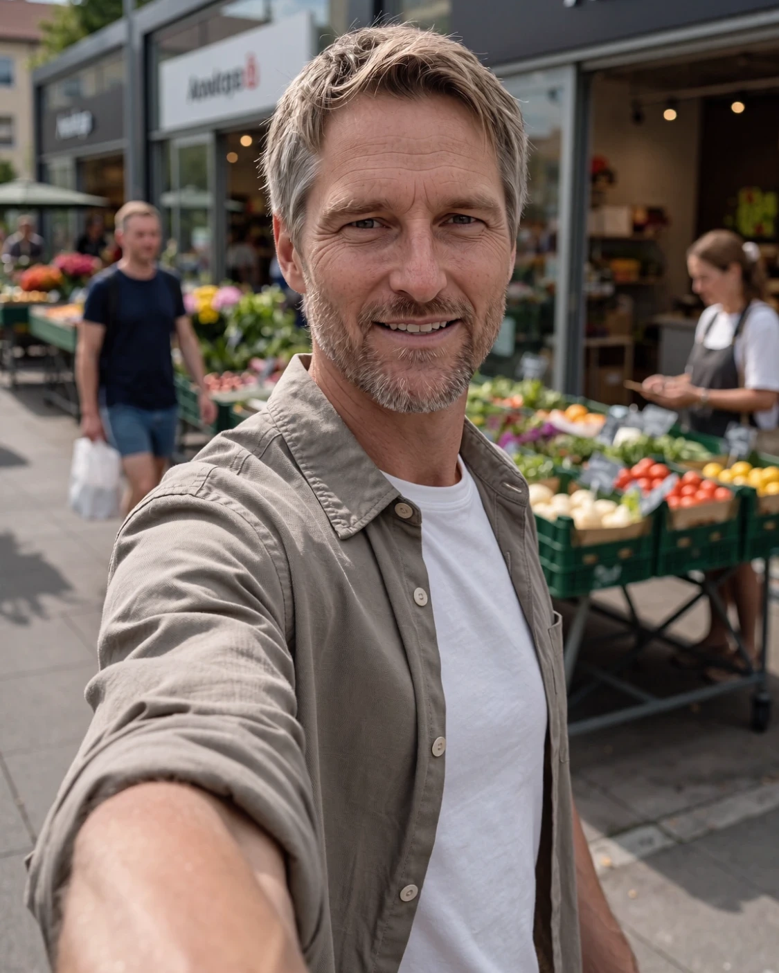Mann mit Bart und beigem Hemd blickt in die Kamera, im Hintergrund Marktstand mit Blumen und Gemüse sowie weitere Personen